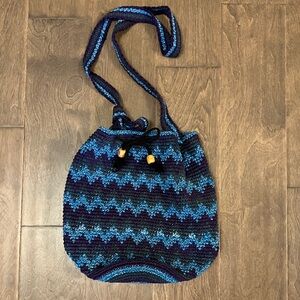 Blue and Purple Knit handmade drawstring Shoulder Bag